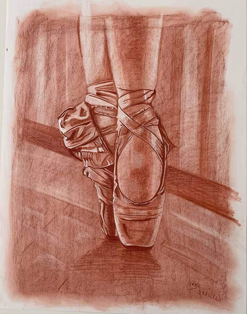 Dessin à la sanguine, des pieds d'une danseuse classique portant des pointes un peu usées.