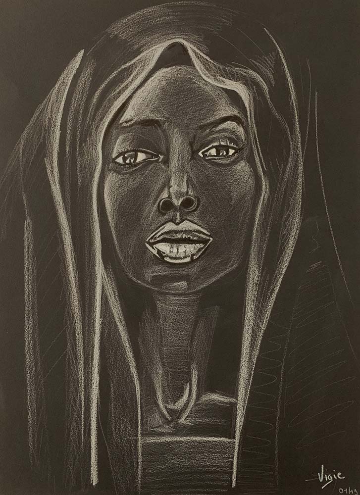 Portrait sur papier noir, d'une femme portant un voile.