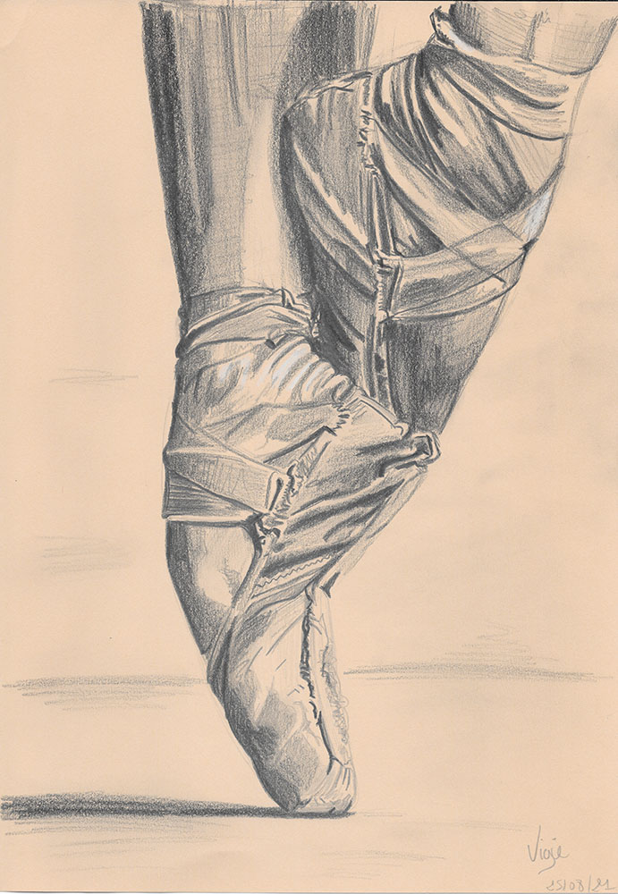 Dessin à la mine graphite, des pieds d'une danseuse étoile, chaussée de ses pointes,, sur fond moka.