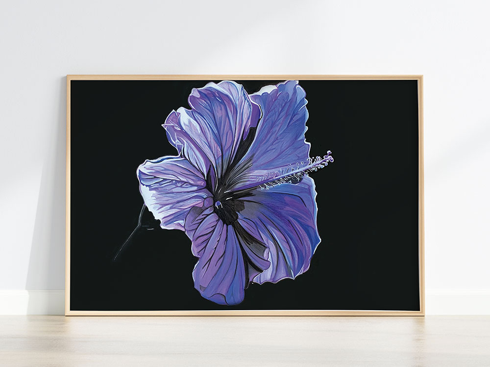 Mise en situation du dessin intitulé True Colors, représentant une fleur d'hibiscus dans différentes teintes de bleu et violet, sur fond noir.