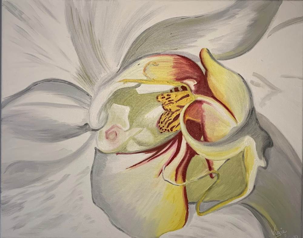 Peinture du coeur d'une orchidée, à dominance blanche, dans un dégradé de gris, de jaunes et de rouge.