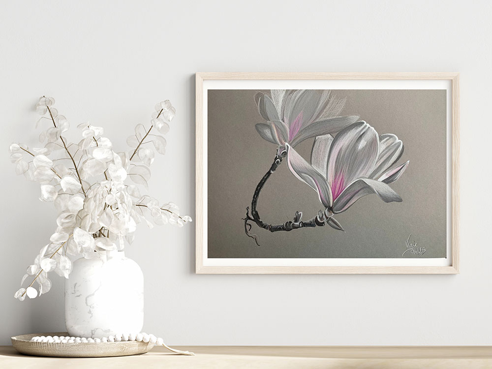 Mise en situation du dessin intitulé Les magnolias gris