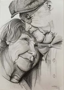 Portrait d'un couple de personnes âgées, dessiné en noir et blanc.